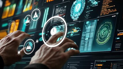 A closeup of a security analysts hands as they manipulate a touchscreen displaying an orchestration dashboard. Colorcoded events categorize incidents while automated mitigation processes