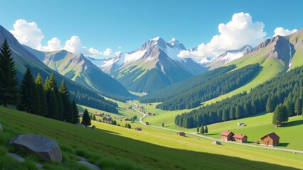 Obraz premium Andean Alpine Views in Venezuela Merida showcase lush valley with tall pine trees, snow-capped mountains. Concept of serenity in Andean Alpine Views in Venezuela Merida landscape.