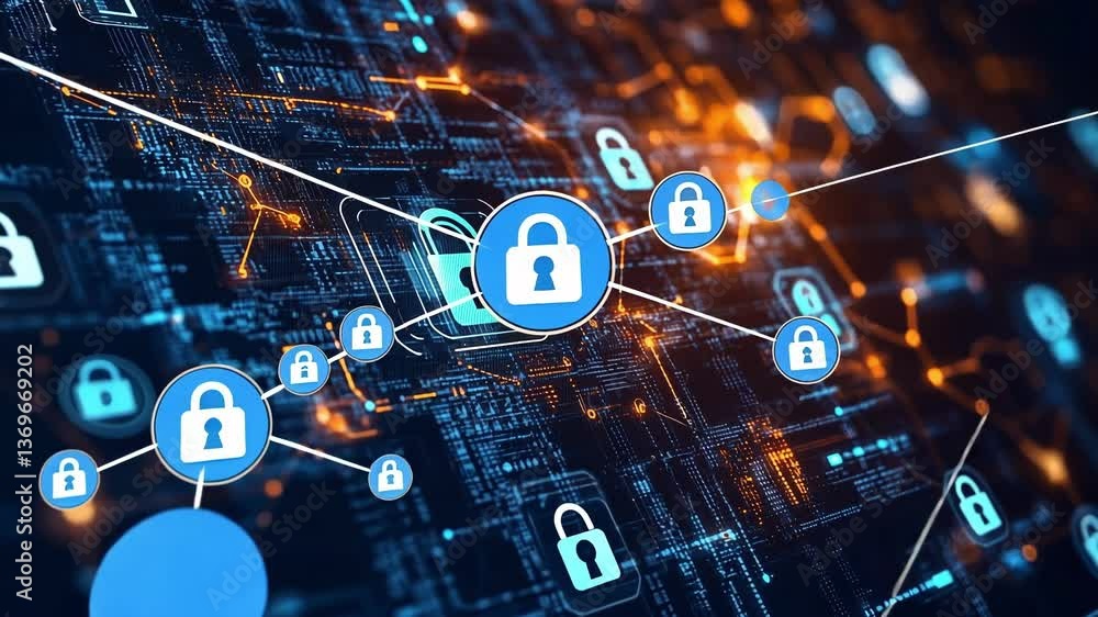 Poster a swirling vortex of hexadecimal numbers intermingles with interlocking padlocks and shield icons il