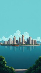 Obraz premium Arabian Sea Skyline in India Mumbai features vibrant buildings, water reflecting sky, mountains beyond. Concept of serene landscape, Arabian Sea Skyline in India Mumbai illustrates calm beauty.