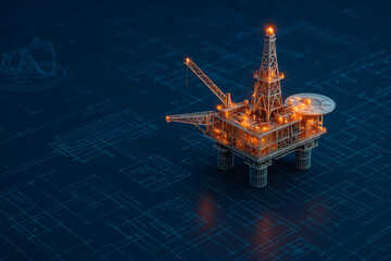 Offshore oil platform blueprint with illuminated rig model