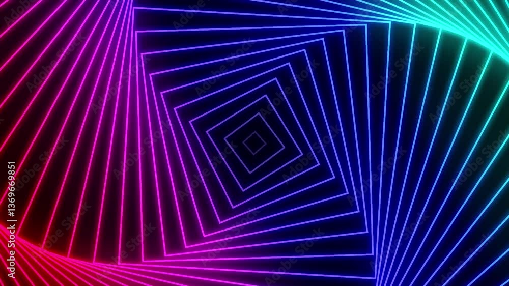 Poster neon square tunnel: an abstract artwork featuring a mesmerizing tunnel of vibrant neon cyberpunk squ