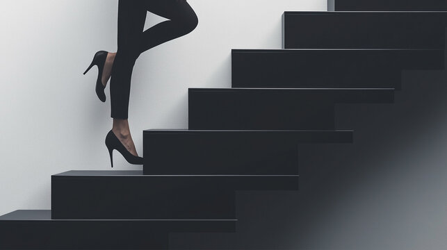 A woman wearing high heels is walking up a set of black stairs