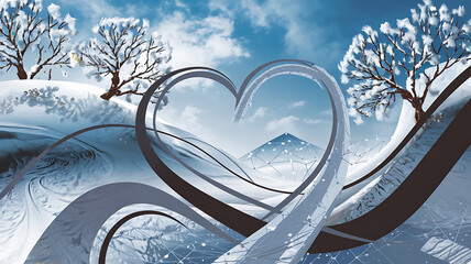 Winter landscape heart-shaped frame abstract icy digital art