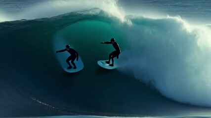 Two surfers navigate towering waves on a stormy day, demonstrating skill and bravery as they harness the power of the ocean in an exhilarating display of surfing.