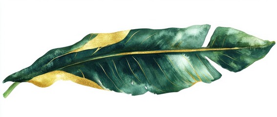 Watercolor tropical leaves with golden elements on a white background
