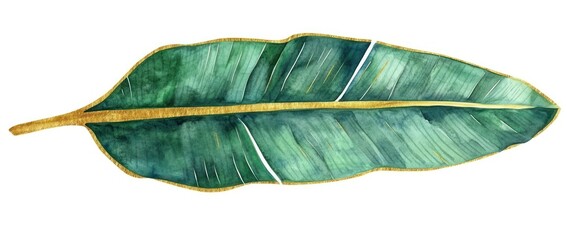 Watercolor tropical leaves with golden elements on a white background