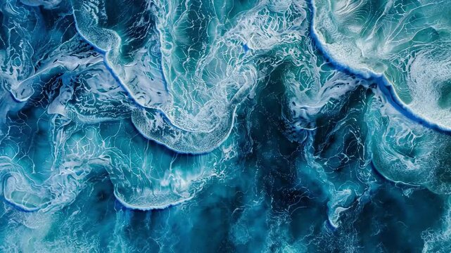The vibrant turquoise water creates dynamic waves that swirl and crash into each other under the bright sunlight, revealing nature's intricate patterns and textures.