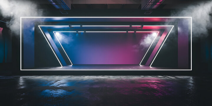 Neon-lit triangular stage purple-blue gradient backdrop concrete floor Modern futuristic advertising backdrop