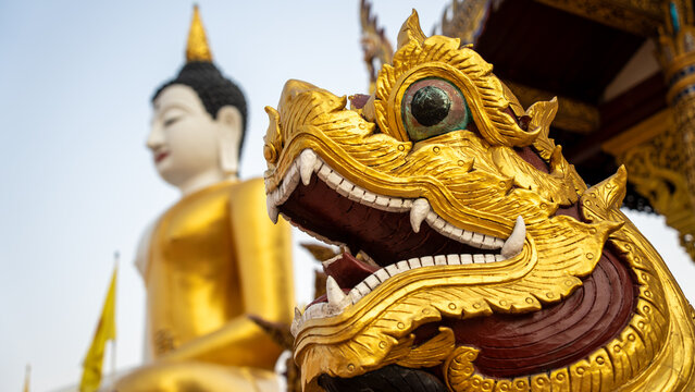 Ornate golden dragon guardian in front of seated Buddha statue in Thailand - Powered by Adobe