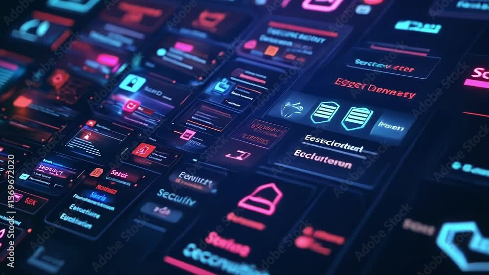 Poster futuristic cybersecurity interface displaying sensitive information, featuring prominent lock icons,