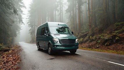 Green camper van driving through a foggy forest on a quiet wet road in autumn atmosphere