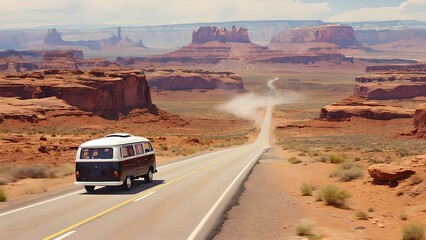 Vintage camper van driving through desert road in Monument Valley, leaving a dusty trail under clear sky