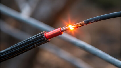 Naklejka premium thermal anomaly is visible as damaged wire sparks, highlighting importance of electrical safety in various environments