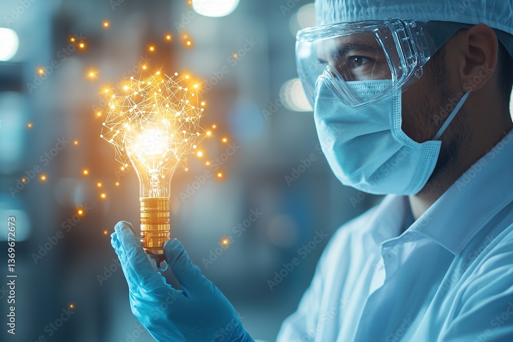 Aufkleber scientist holding a glowing light bulb surrounded by sparkling effects in a lab setting.