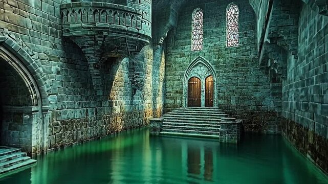 Mysterious flooded medieval castle interior with stone architecture and water reflections