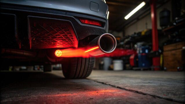 thermal anomaly is visible as exhaust emits striking red glow in garage setting, showcasing vehicle performance