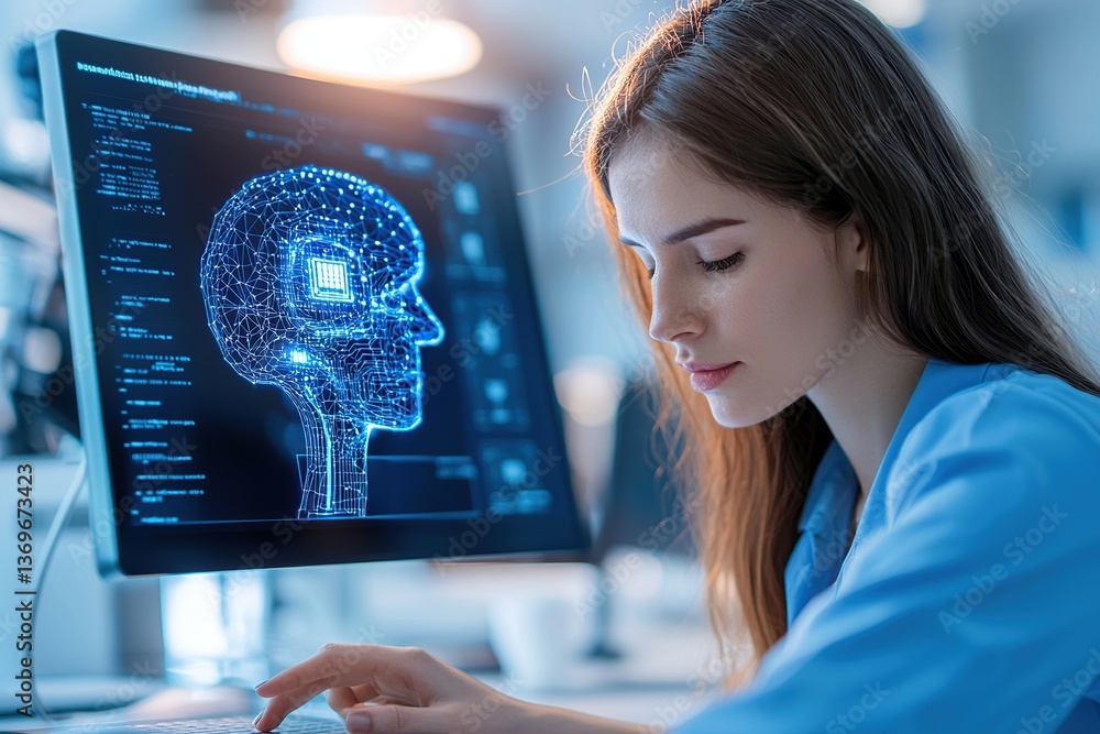 Aufkleber a woman works on a computer displaying a digital brain illustration in a tech environment.