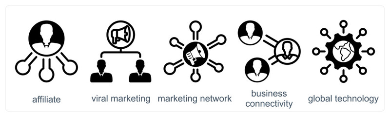 A set of 5 business icons as affiliate, viral marketing, marketing network
