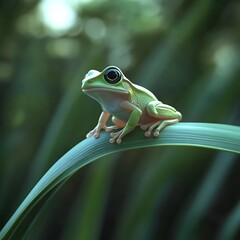 Obraz premium A Green Frog on a Blade of Grass in a Lush Forest