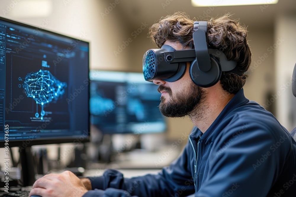 Poster a man uses a virtual reality headset while working on a computer, immersed in a digital environment.