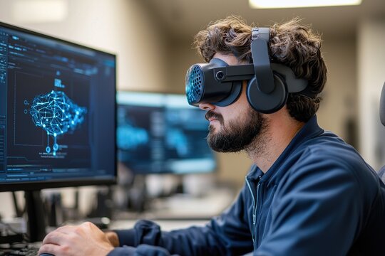 A man uses a virtual reality headset while working on a computer, immersed in a digital environment.