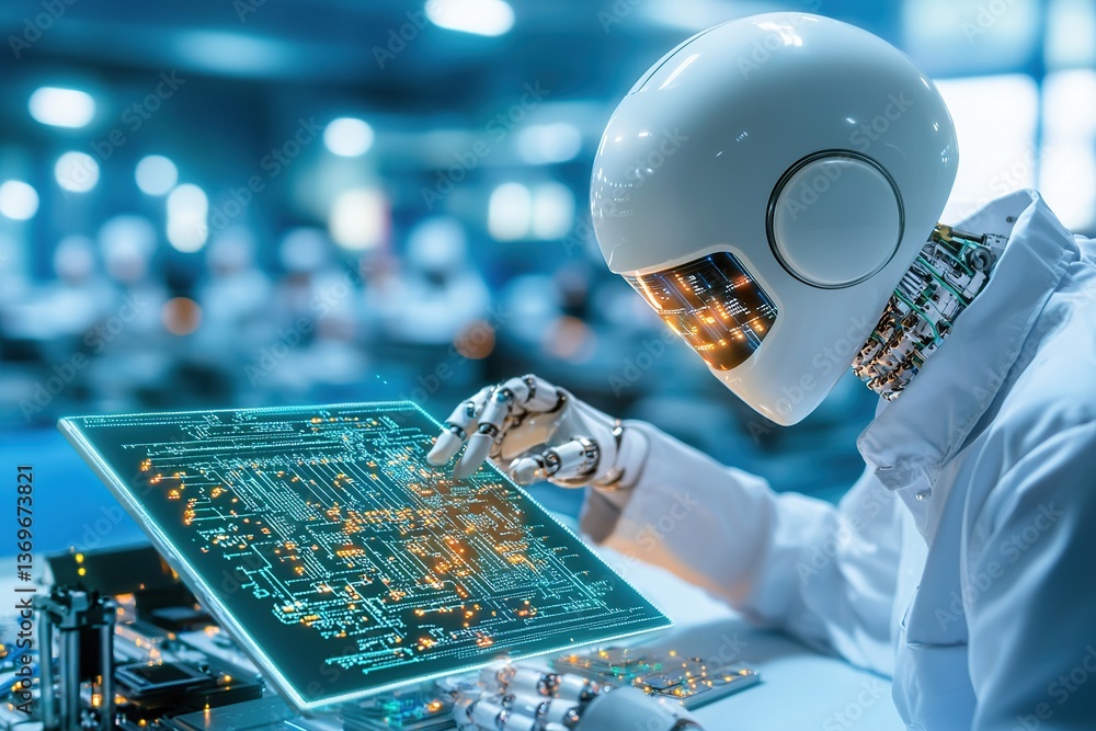 Poster futuristic robot examining a digital circuit board in a high-tech environment.