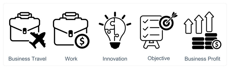 A set of 5 business icons as business travel, work, innovation