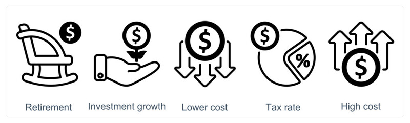 A set of 5 business icons as retirement, investment growth, lower cost