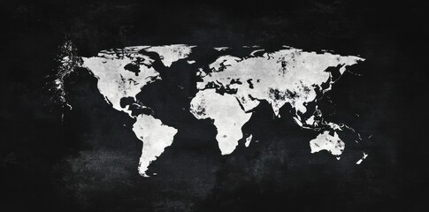 world map, watercolor in white ink on a black background, simple design, vector illustration