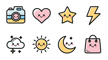 Cute kawaii icons for social media or kids' products