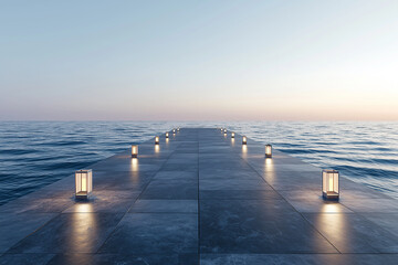 Lights on the cobblestone road on the sea at night