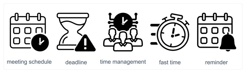 A set of 5 business icons as meeting schedule, deadline, time management