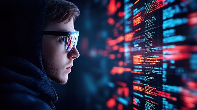 A focused individual analyzes digital data on a screen, showcasing a high-tech environment.