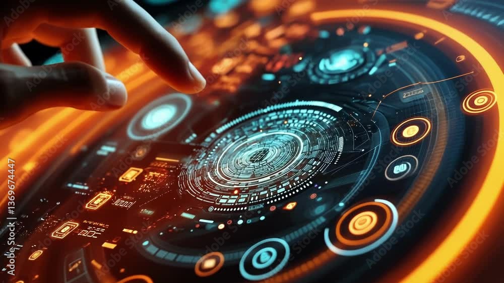 Poster hand interacting with a futuristic, glowing control panel, activating a digital lock while emphasizi