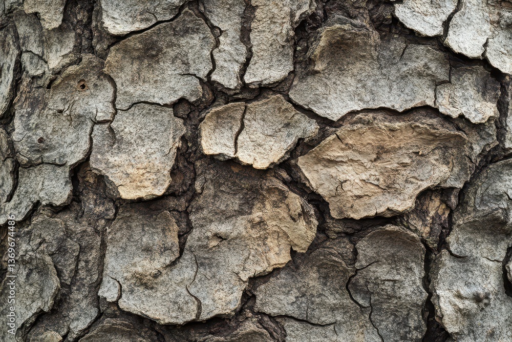 Poster close-up shows rough, grey tree bark with deep cracks and textured segments. use it for natural back
