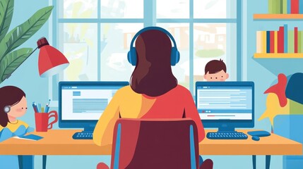 Fototapeta premium A parent using noise-canceling headphones while kids do online learning. --ar 16:9 --v 6.1 Job ID: fee20f75-dc29-4665-8780-e2fb026f5b1e