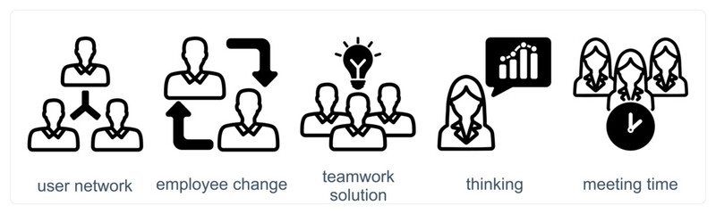A set of 5 business icons as user network, employee change, teamwork solution