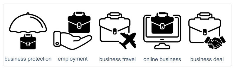 A set of 5 business icons as business protection, employement, business travel