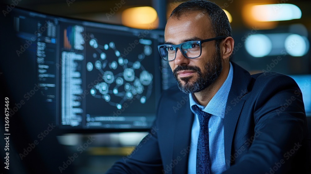 Poster business professional analyzing data on a computer screen in a modern office setting.