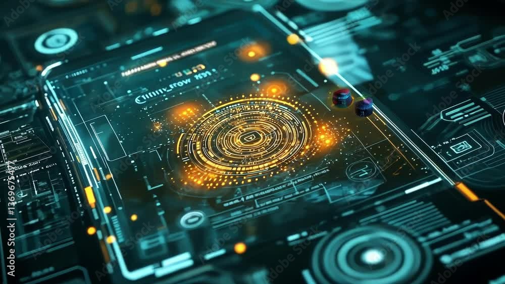 Poster futuristic smartphone conducting a cyber security check with rotating circles and orange particles, 