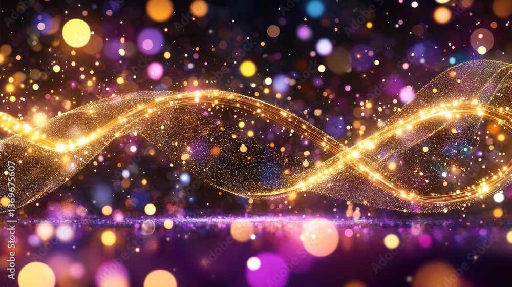 Poster Sparkling Golden Wave Abstract Background with Glittering Lights and Bokeh Effect
