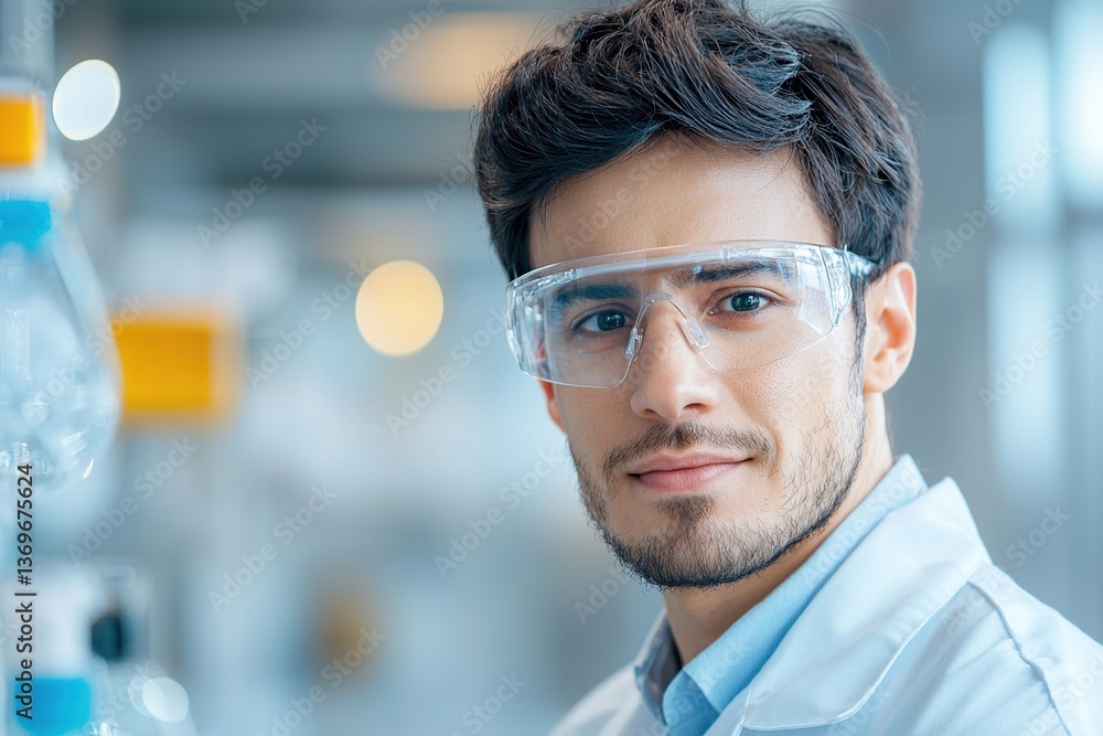 Aufkleber scientist in lab coat and goggles, smiling confidently in a laboratory setting.