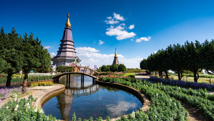 Royal twin pagodas and landscaped gardens at Doi Inthanon, Thailand