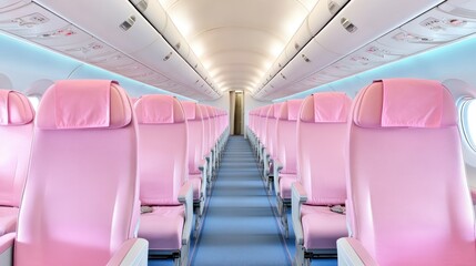 Naklejka premium Empty pink airplane seats in a modern aircraft cabin aisle ready for passengers Travel and transportation concept
