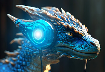 Dragon Tunes: A majestic dragon adorned with glowing blue headphones, set against a bokeh background, embodies the fusion of fantasy and technology.