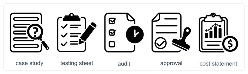 A set of 5 business icons as case study, testing sheet, audit