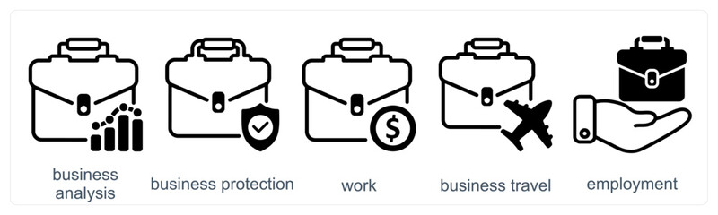 A set of 5 business icons as business analysis, business protection, work
