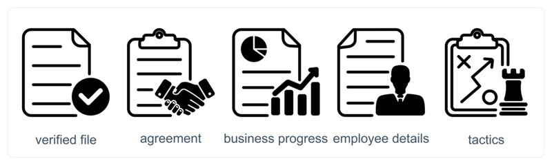 A set of 5 business icons as verified file, agreement, business progres