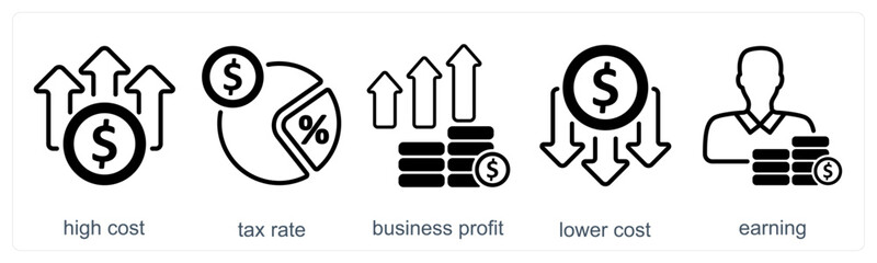 A set of 5 business icons as high cost, tax rate, business profit